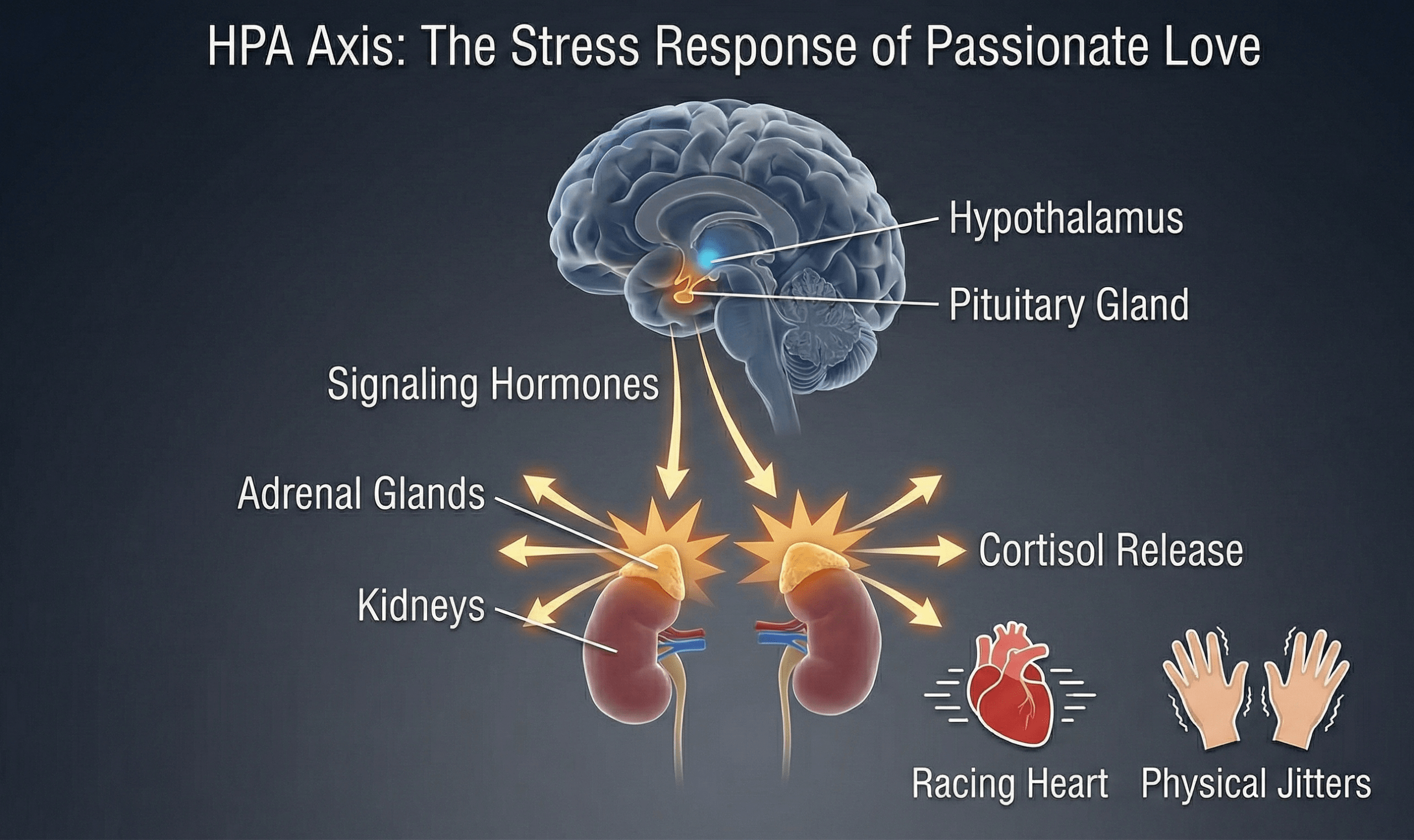 Diagram of the HPA Axis showing how the brain triggers cortisol release from the adrenal glands causing stress symptoms.