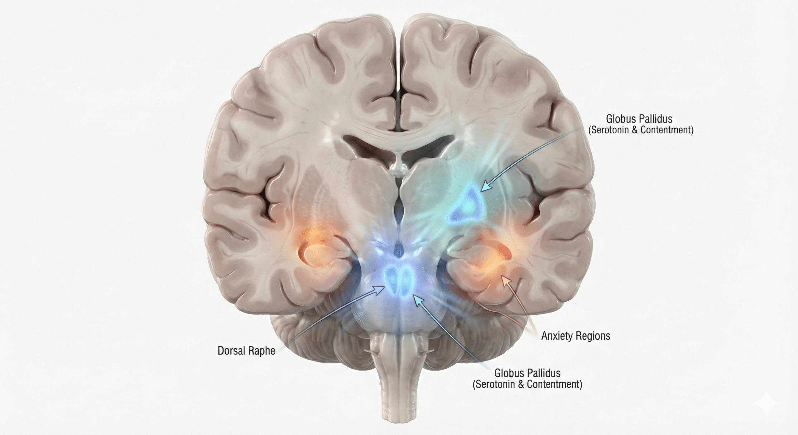 Medical illustration of the human brain highlighting the Dorsal Raphe and Globus Pallidus regions rich in serotonin and opioids answering the question does love last forever .