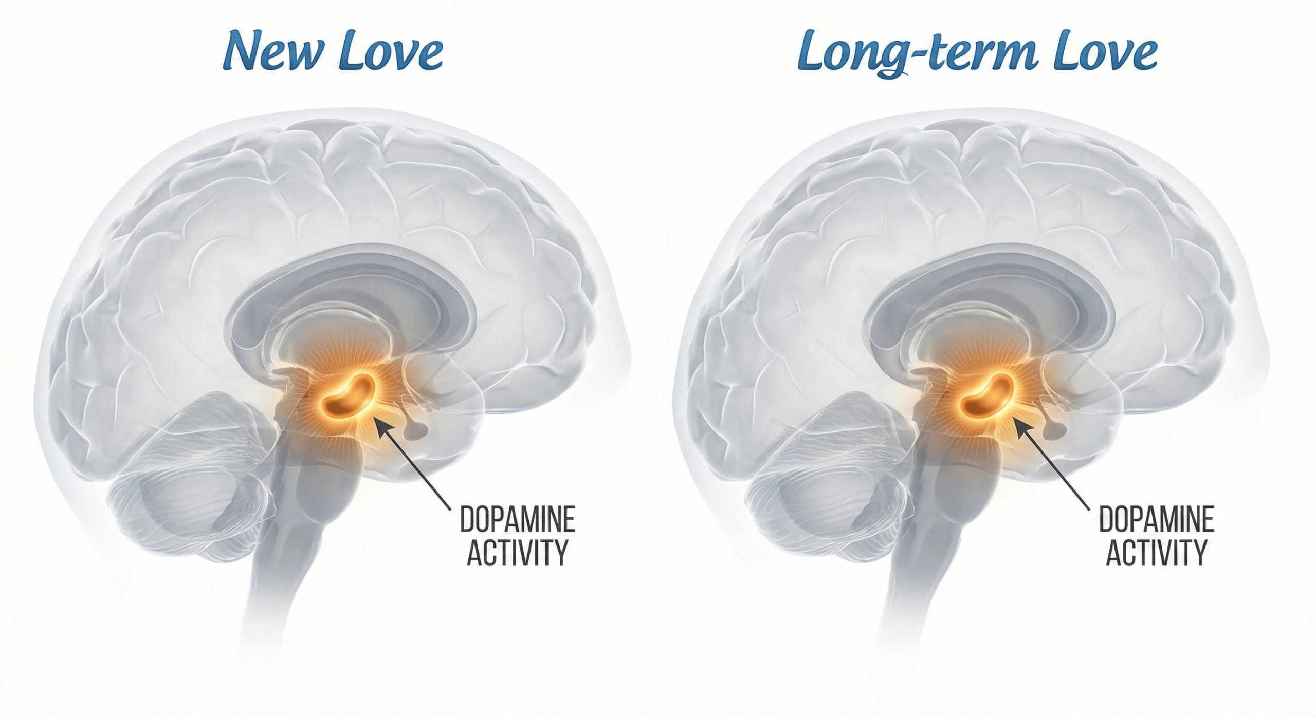 Side-by-side fMRI brain scans comparing the Ventral Tegmental Area activation in new lovers versus long-term partners.