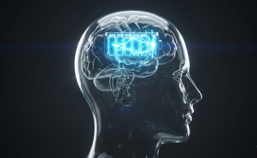 A futuristic 3D illustration of a transparent human head with a glowing blue battery inside the brain charged to 110%, symbolizing the energy reserve built by sleep banking.