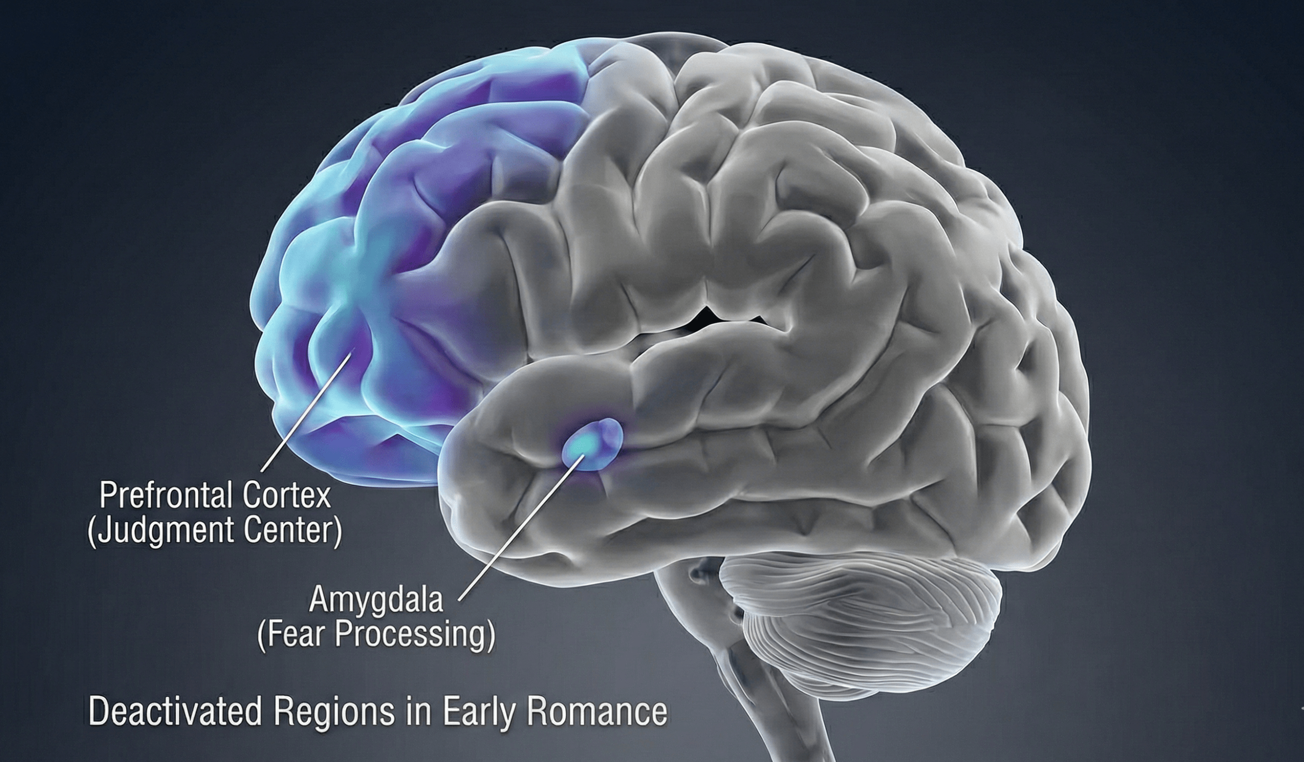 Medical imaging diagram of the human brain showing deactivation in the prefrontal cortex and amygdala during early romance.