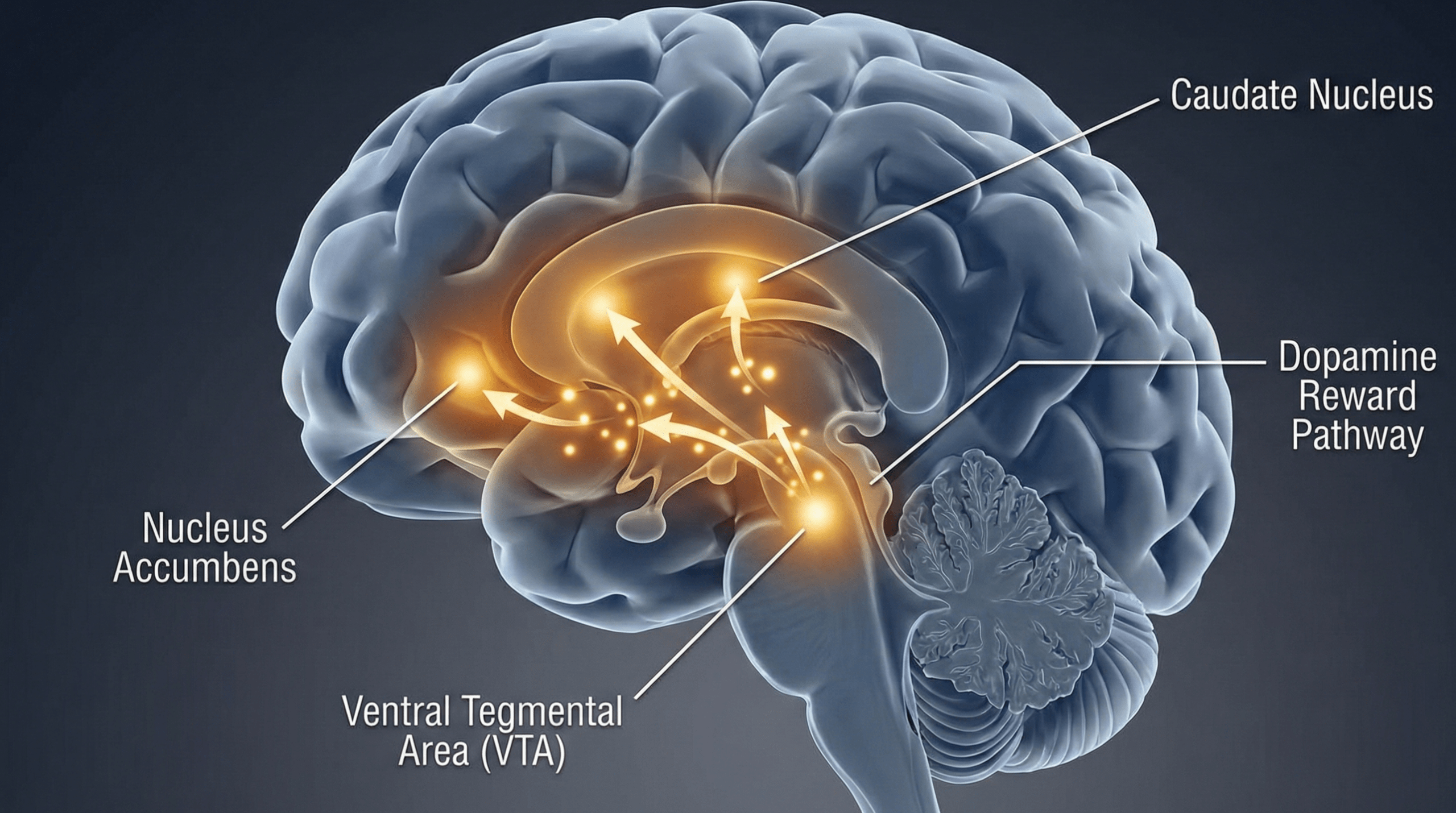 Diagram of the human brain's dopamine reward pathway, highlighting the Ventral Tegmental Area (VTA) and Caudate Nucleus activation during passionate love.