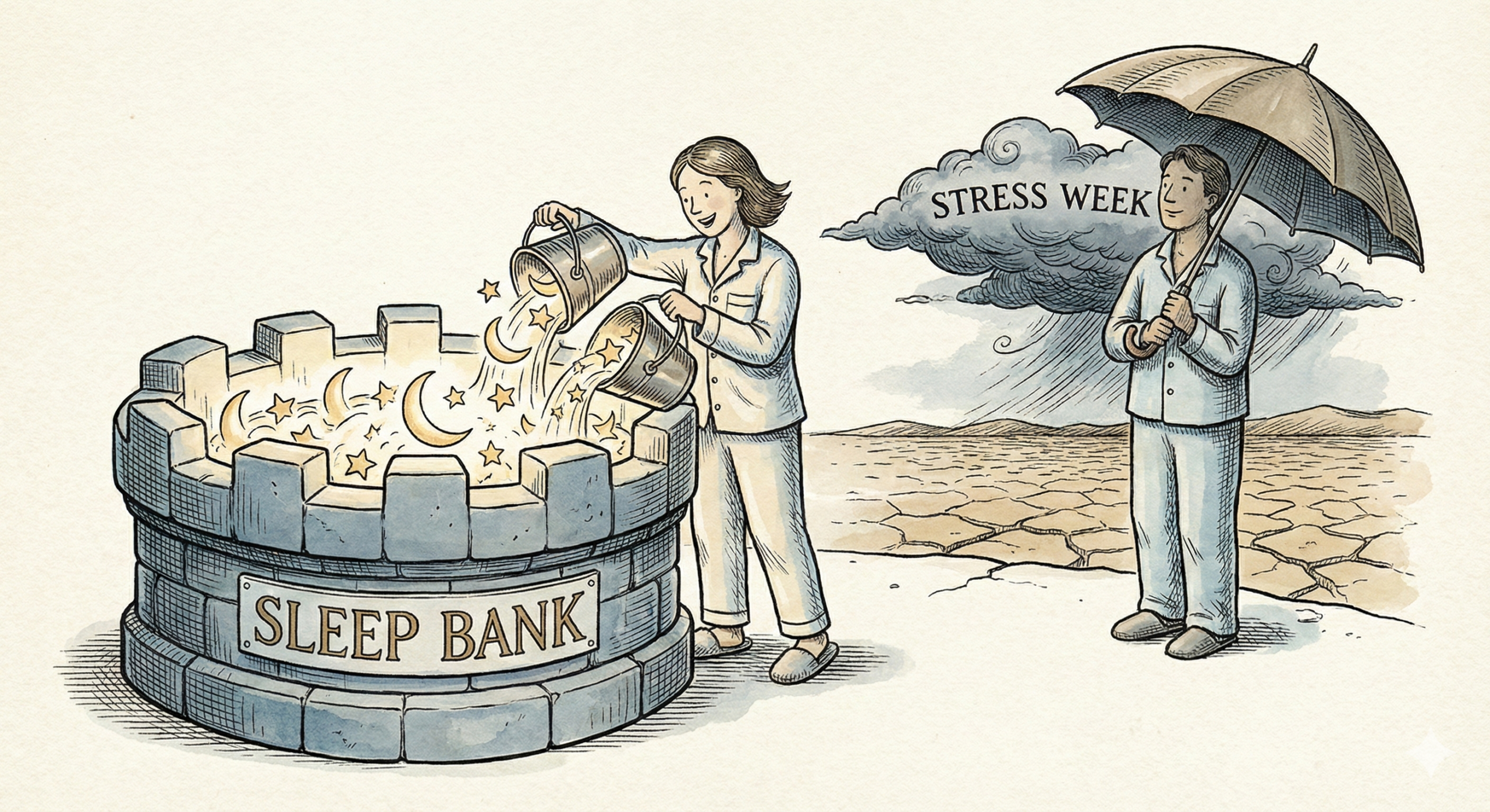 An editorial illustration showing a person filling a stone well with glowing stars to build a reserve, while another person stands protected under an umbrella from a stress storm.