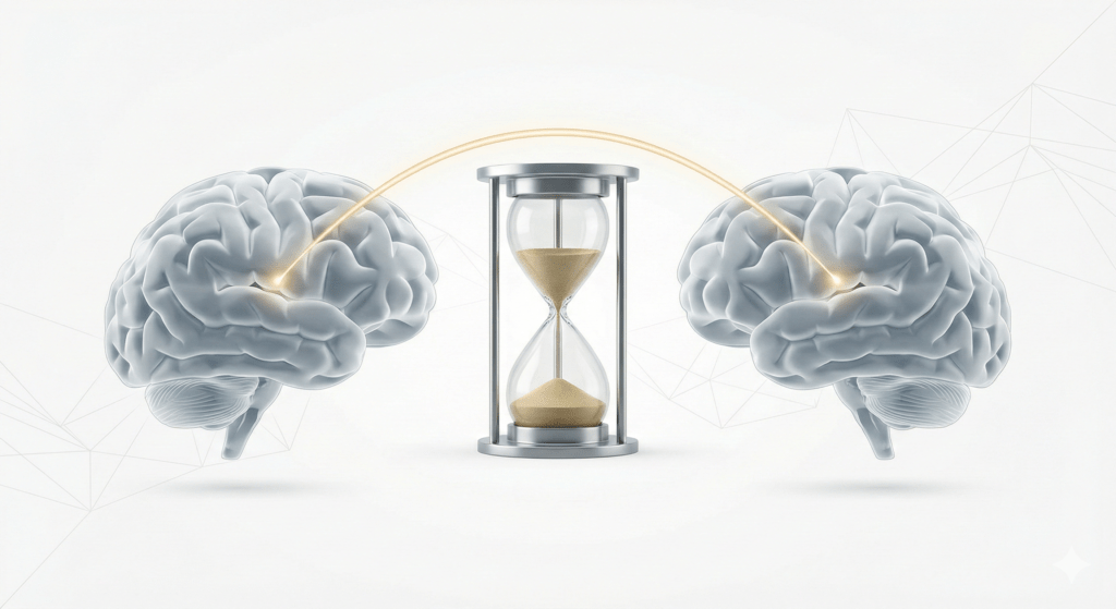 A conceptual medical illustration showing two human brains connected by an intense, glowing golden neural pathway that bridges an hourglass, symbolizing enduring romantic passion and brain activity that answers the question does love last forever