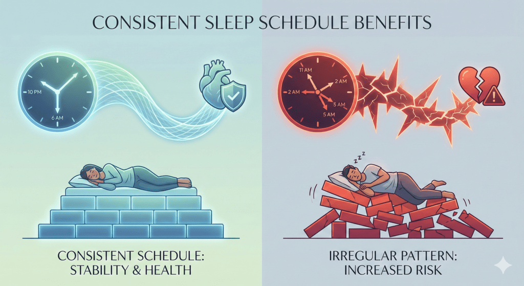 Editorial illustration comparing consistent sleep schedule benefits versus irregular patterns, depicting how circadian stability protects cardiovascular health while social jetlag increases risk.