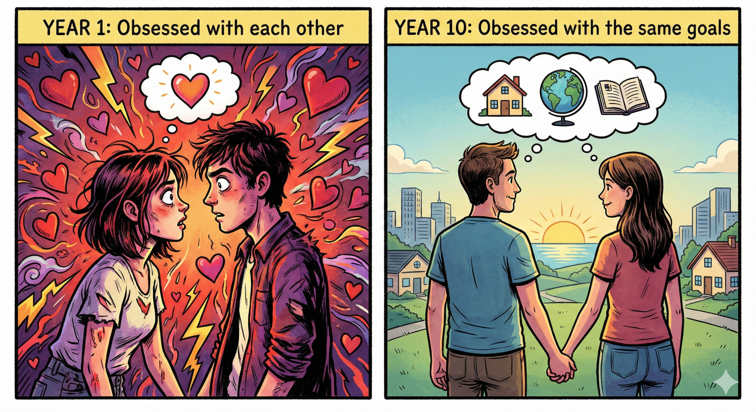 Comic strip showing the transition from passionate obsession to compassionate love