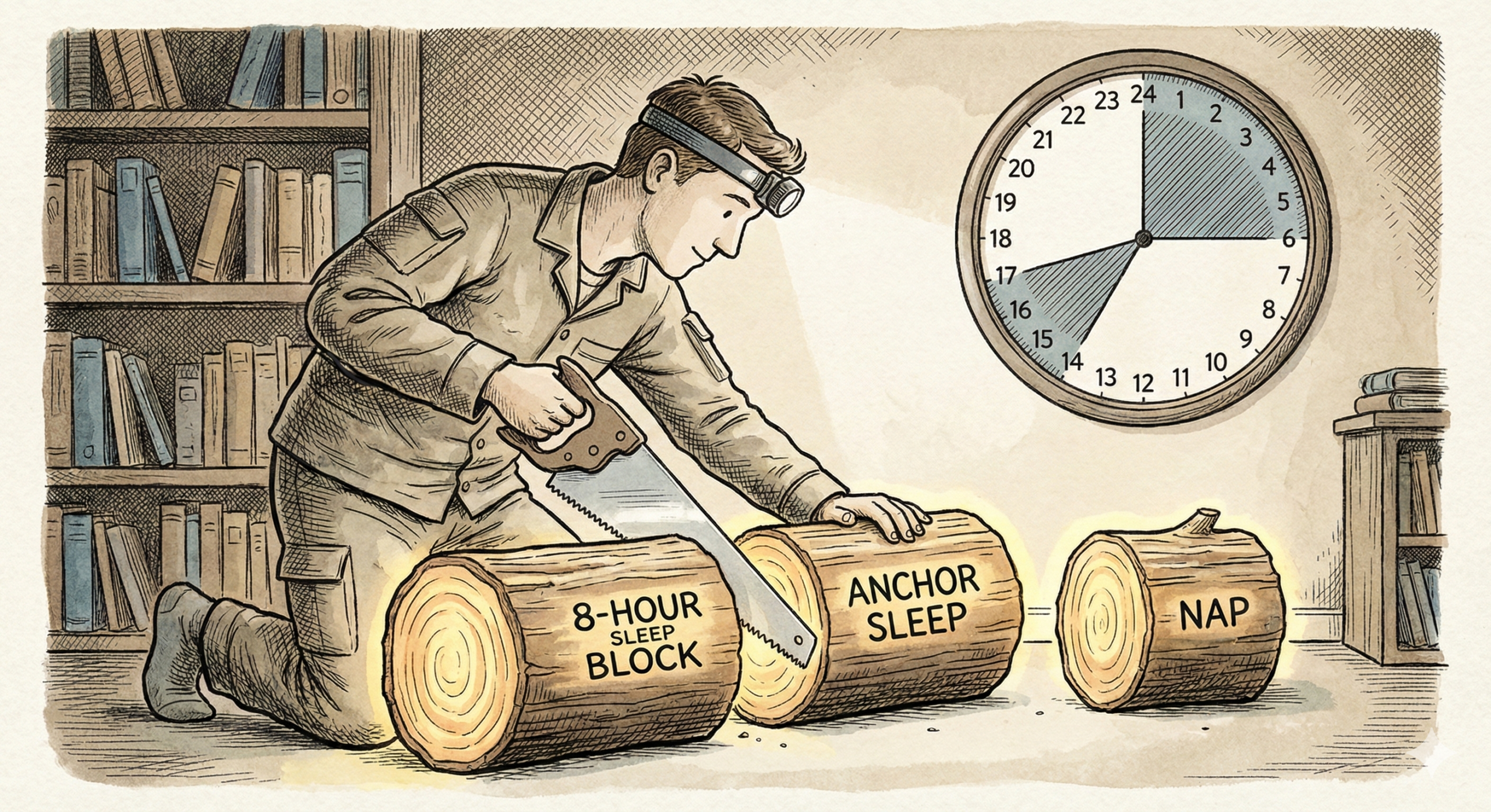 A visual diagram of the Split Sleep Protocol showing a 24-hour cycle divided into two distinct sleep blocks: a main nocturnal anchor sleep and a strategic daytime nap.