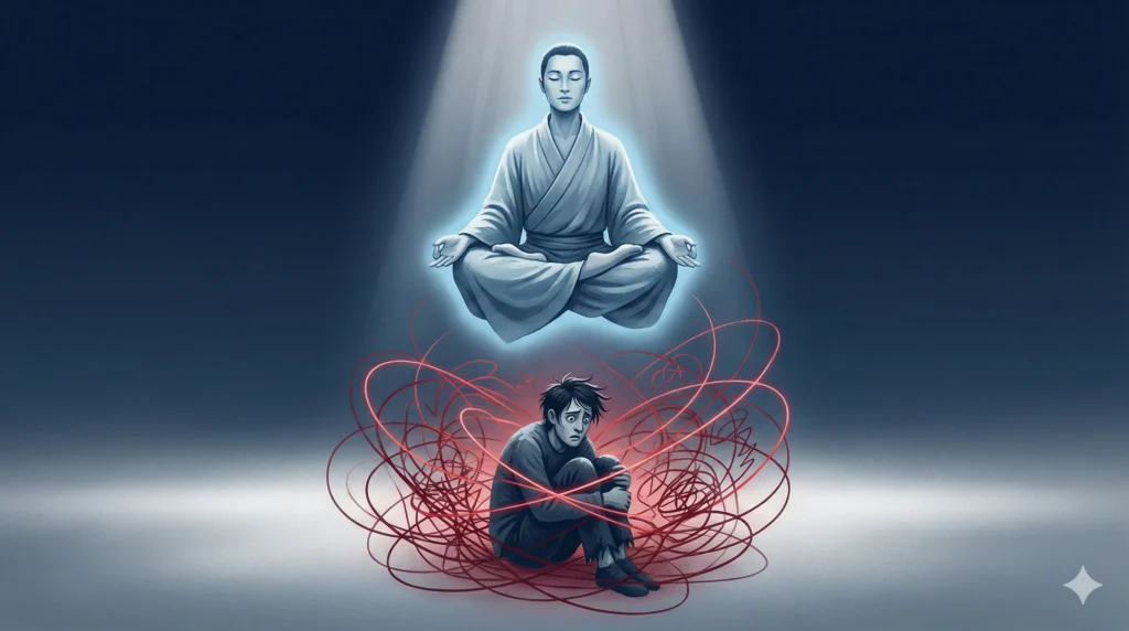 A calm person floating above a stressed version of themselves, representing the distanced self psychological technique for better decision-making