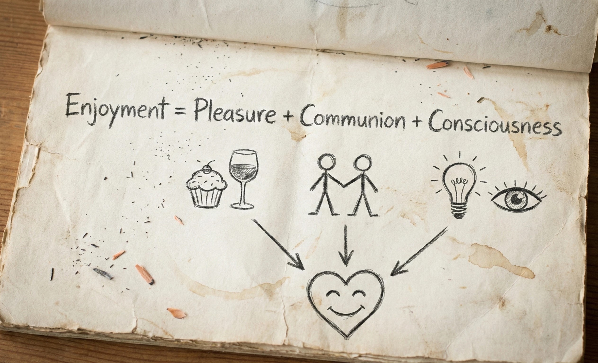 Hand-drawn diagram in a notebook showing the equation: Enjoyment = Pleasure + Communion + Consciousness.