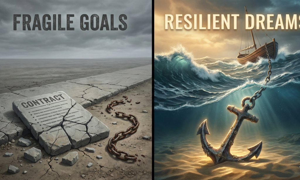 A conceptual illustration visualizing the Goals vs Dreams metaphor, showing a broken stone contract on a brittle path on the left, versus a strong anchor holding a ship steady in a stormy sea on the right.