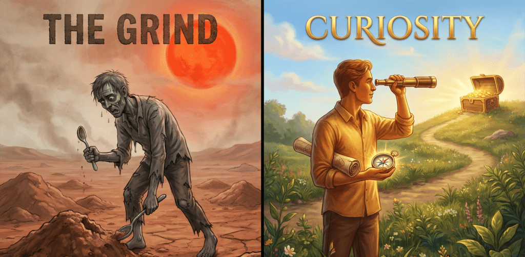 Conceptual illustration visualizing Hustle vs Curiosity, comparing the exhausting "Grind" of digging with a spoon on the left versus the strategic "Curiosity" of using a map and telescope on the right.