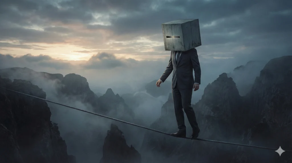 Surreal conceptual art depicting a businessman balancing on a high-wire tightrope, his head encased in a concrete block with a narrow viewing slit, symbolizing the tunnel vision of the "immersed self" sabotaging success over a dark, misty mountain landscape.