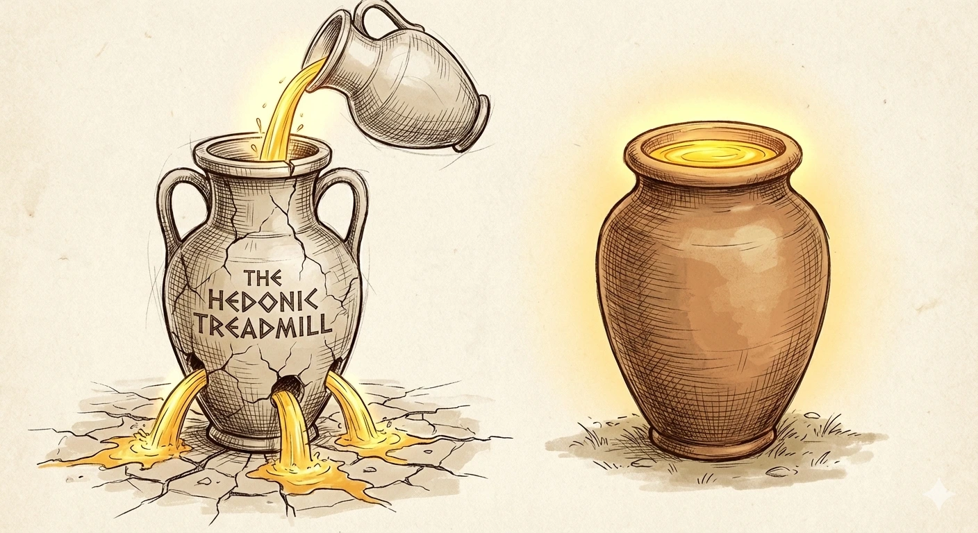 Sketch illustration comparing a broken 'Hedonic Treadmill' jar leaking gold liquid versus a solid, full jar.