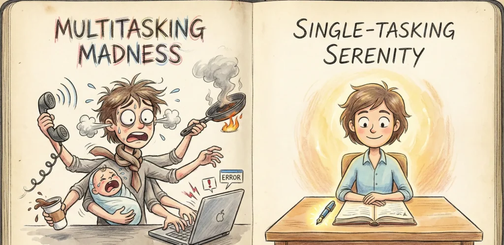 A hand-drawn 2D animation still comparing Multitasking vs Single-Tasking. The left side shows a chaotic, stressed character juggling too many tasks, while the right side shows a calm character laser-focused on just one task.