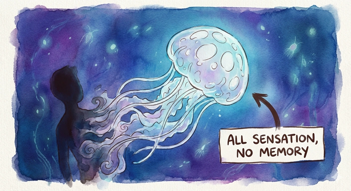 Watercolor illustration of a human silhouette dissolving into a jellyfish, labeled 'All Sensation, No Memory'.