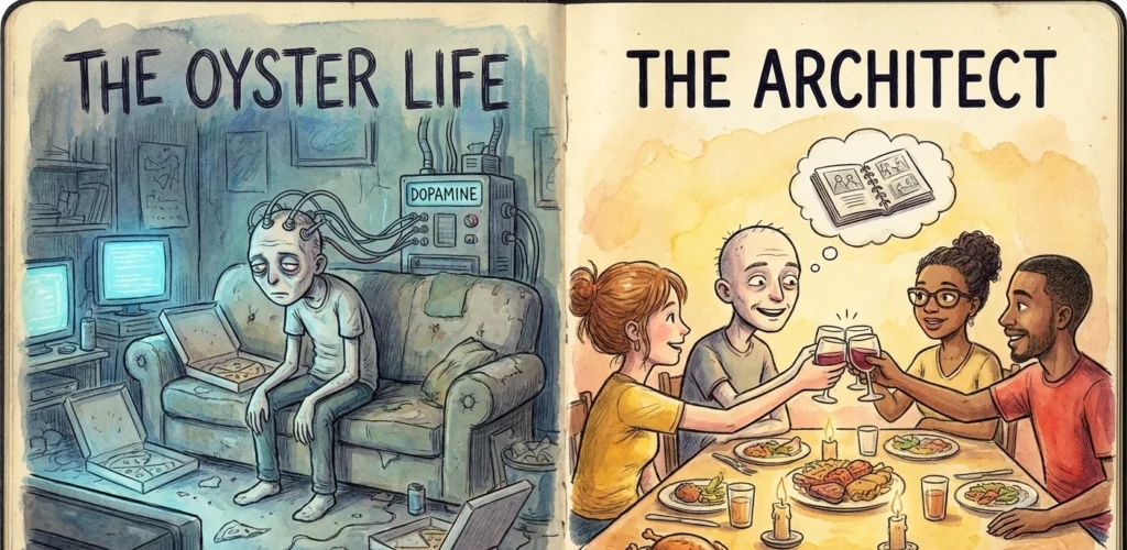 Split screen illustration comparing pleasure vs enjoyment